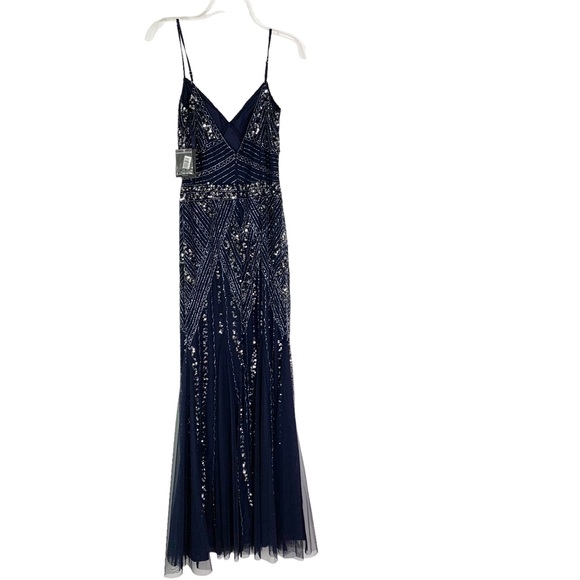 MARINA Deco Beaded Mesh A Line Gown with Godet Skirt Navy Size 2 NWT - Picture 5 of 12
